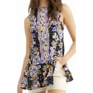 Free People Size S Summer in Tulum Linen Tunic Top Purple Floral